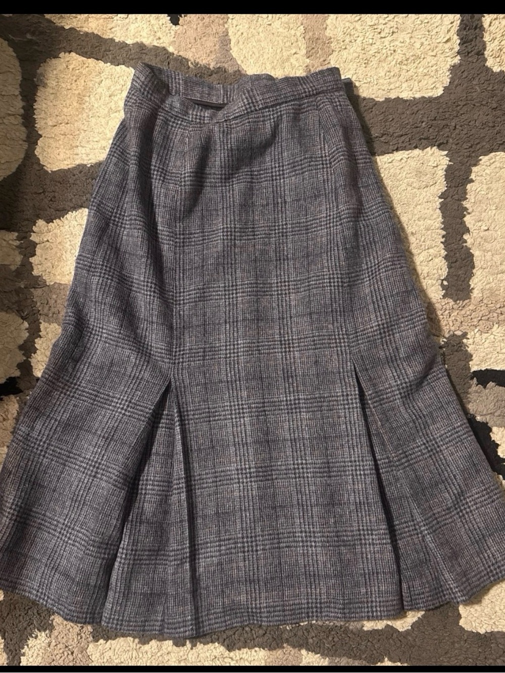 Vintage Gray Plaid A-Line Midi Skirt Camel Hair